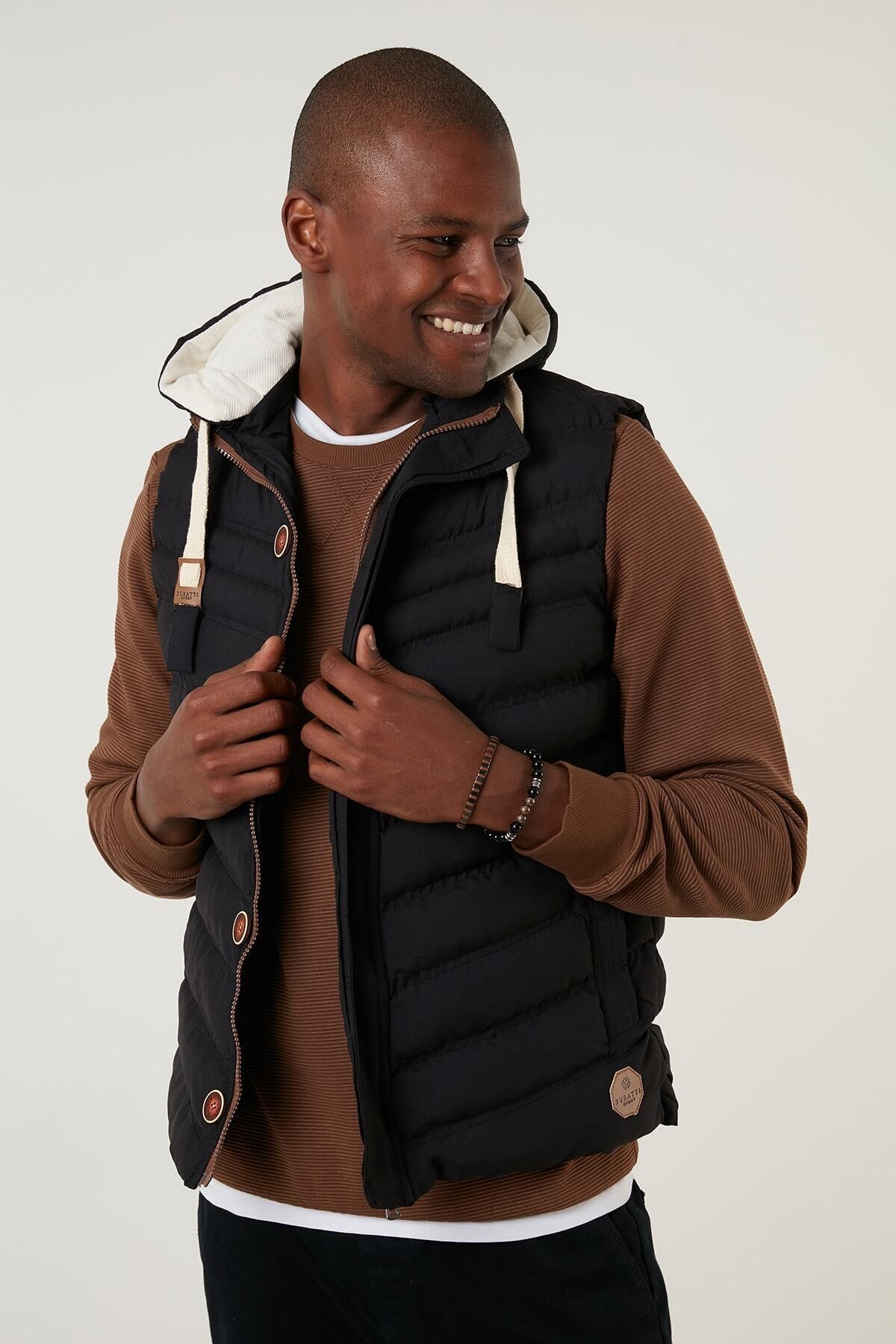 Buratti Men s BLACK Removable Hooded Pocket Zippered Slim Fit Vest