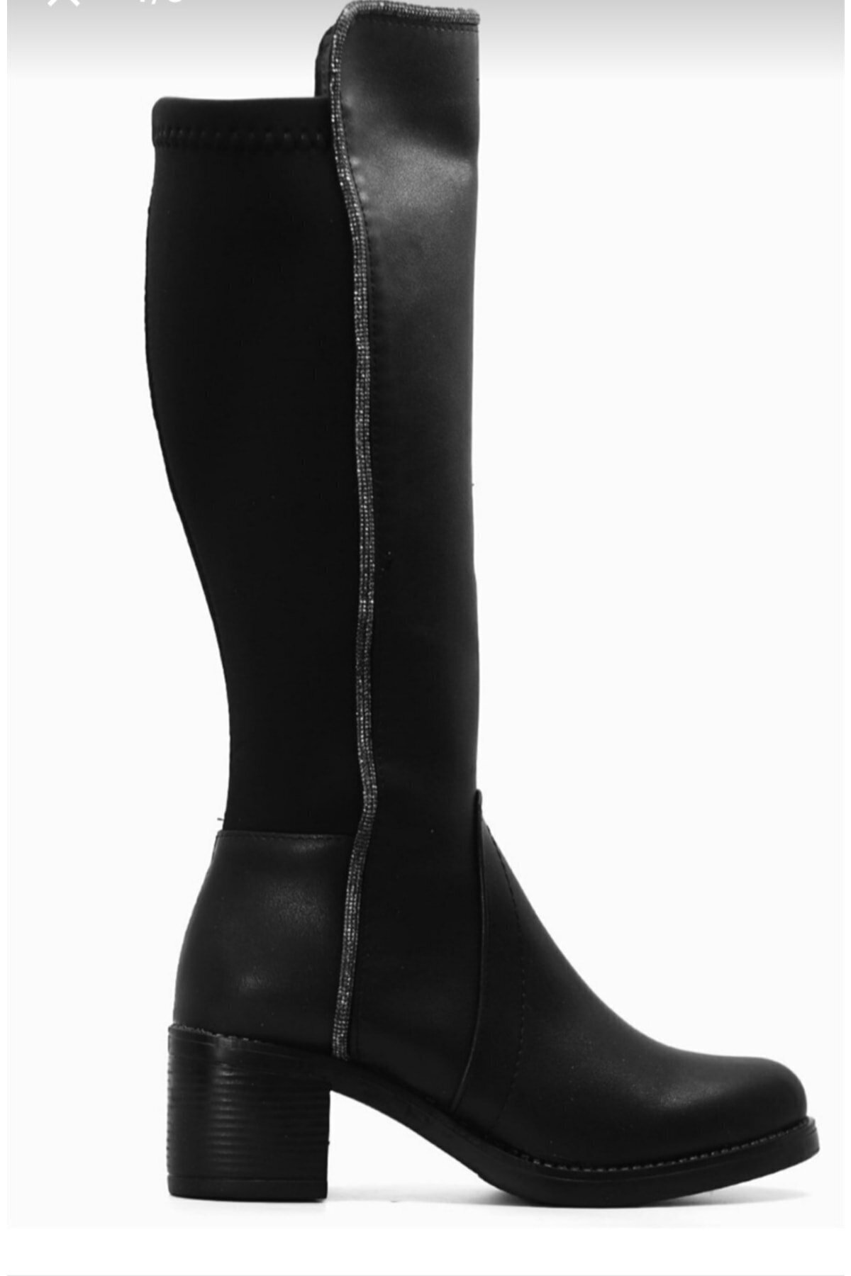 BRGL Her Bacağa Göre Esneyebilen Dalgıç Kumaş Taş Detaylı Siyah Dizaltı Mucize Çizme