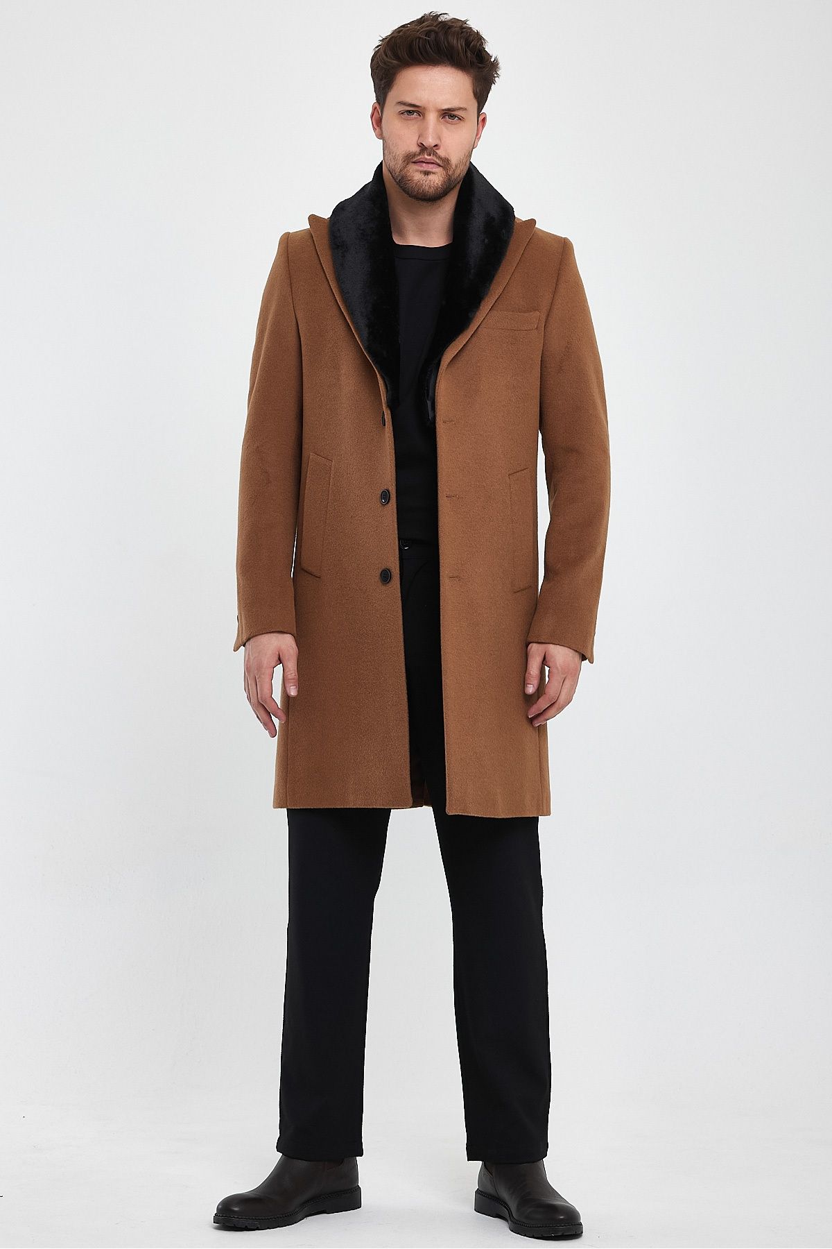 Plus Ninety Above Knee Length Men s Coat with Detachable Collar