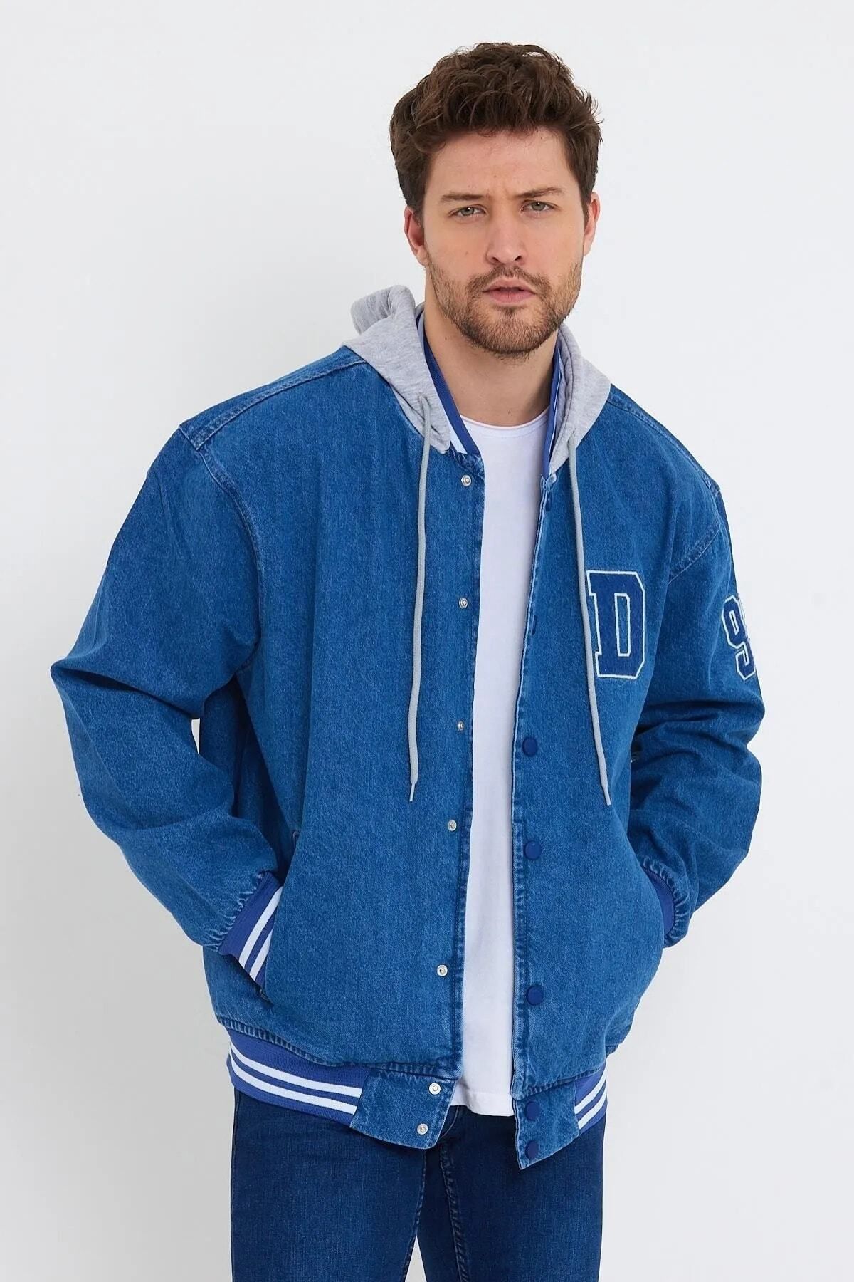 DAMGA JEANS Street Fashion Casual And Stylish Hooded Denim College Jacket Blue For Men s Daily Use
