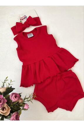 ŞAPKAKİDS Kırmızı Ribana Şort Bluz Ve Ribana Bandana Set