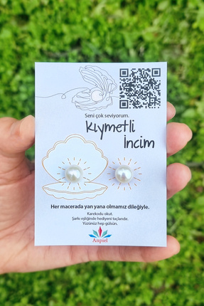 Anpiel Gerçek İnci Beyaz Top Küpe Şarkı Hediyeli Kart Tasarımlı Küpe (10mm)