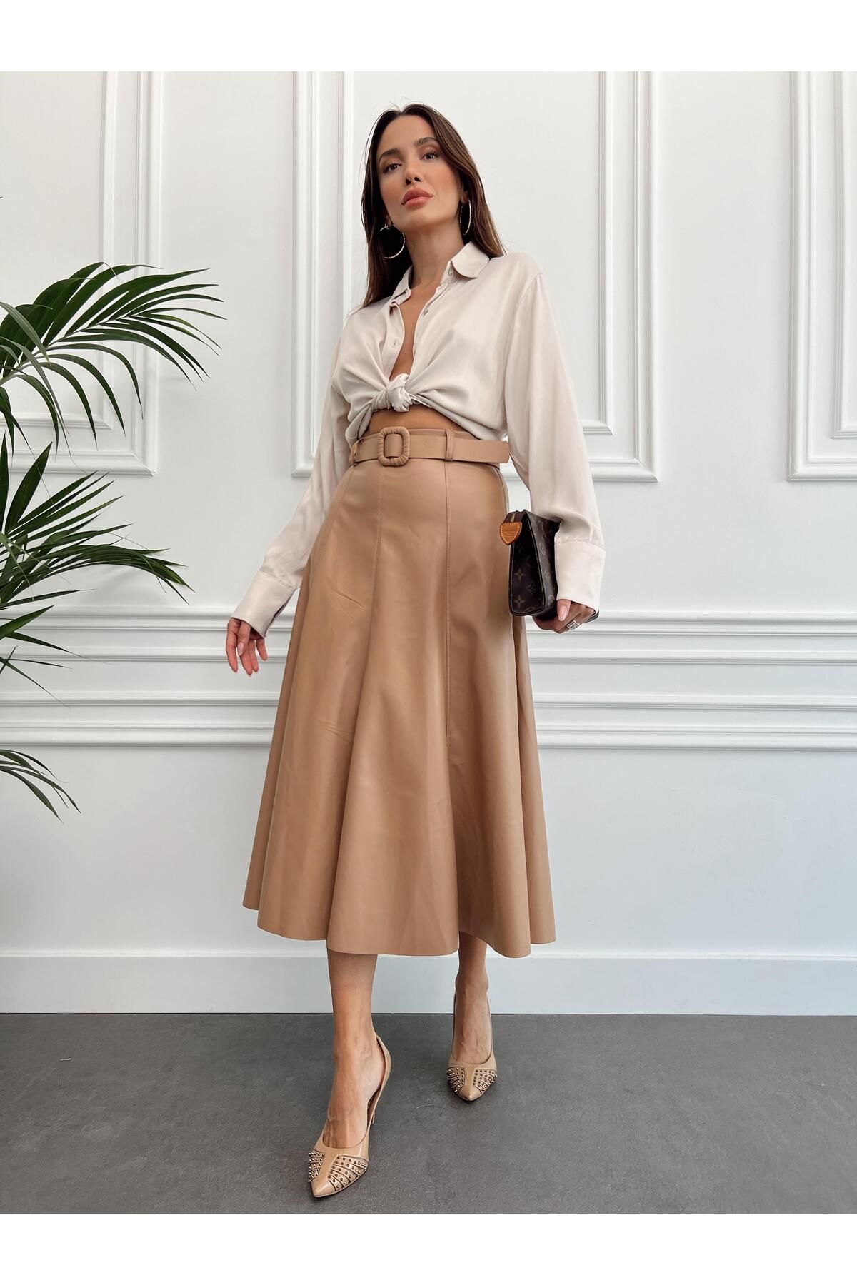 Maldia Shop Women s High Waist Belted Flared Model Mink Leather