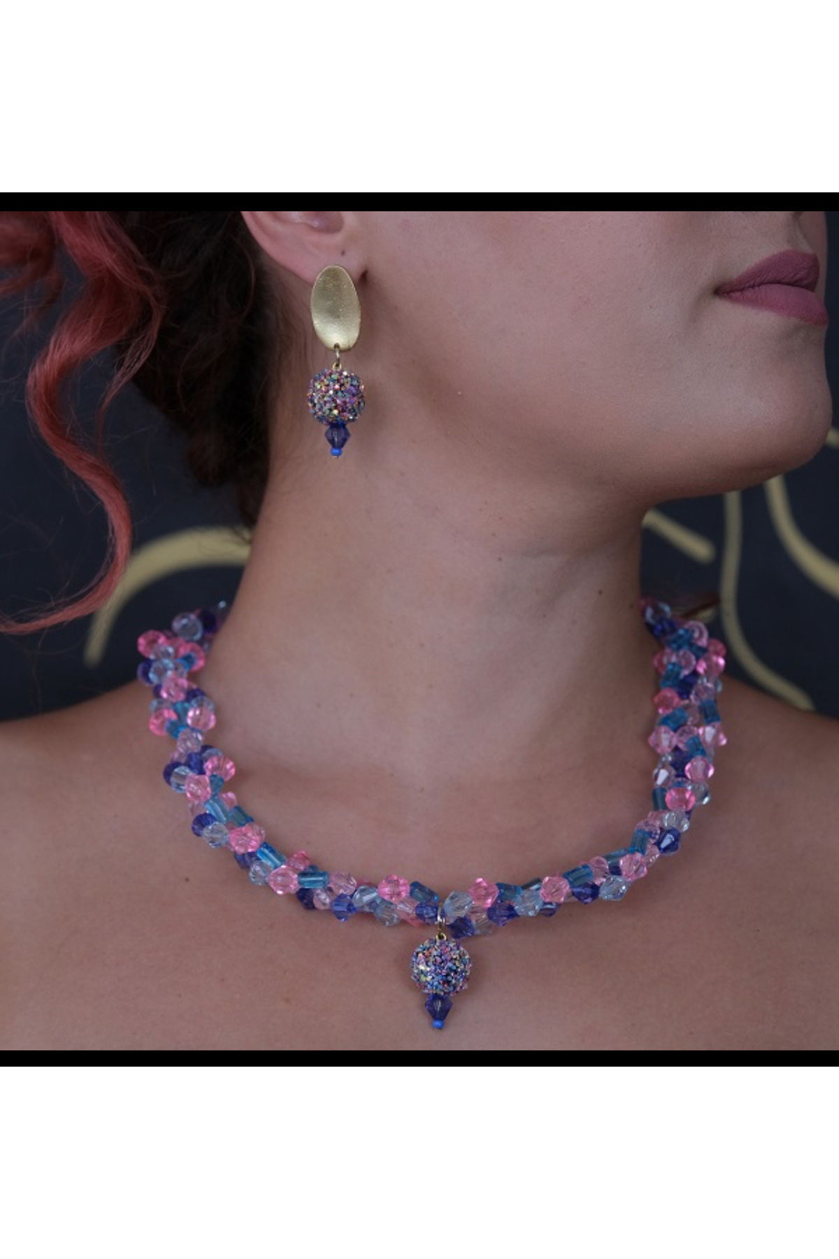 Eminem Mavi Pembe Kristal Kolye Küpe Seti