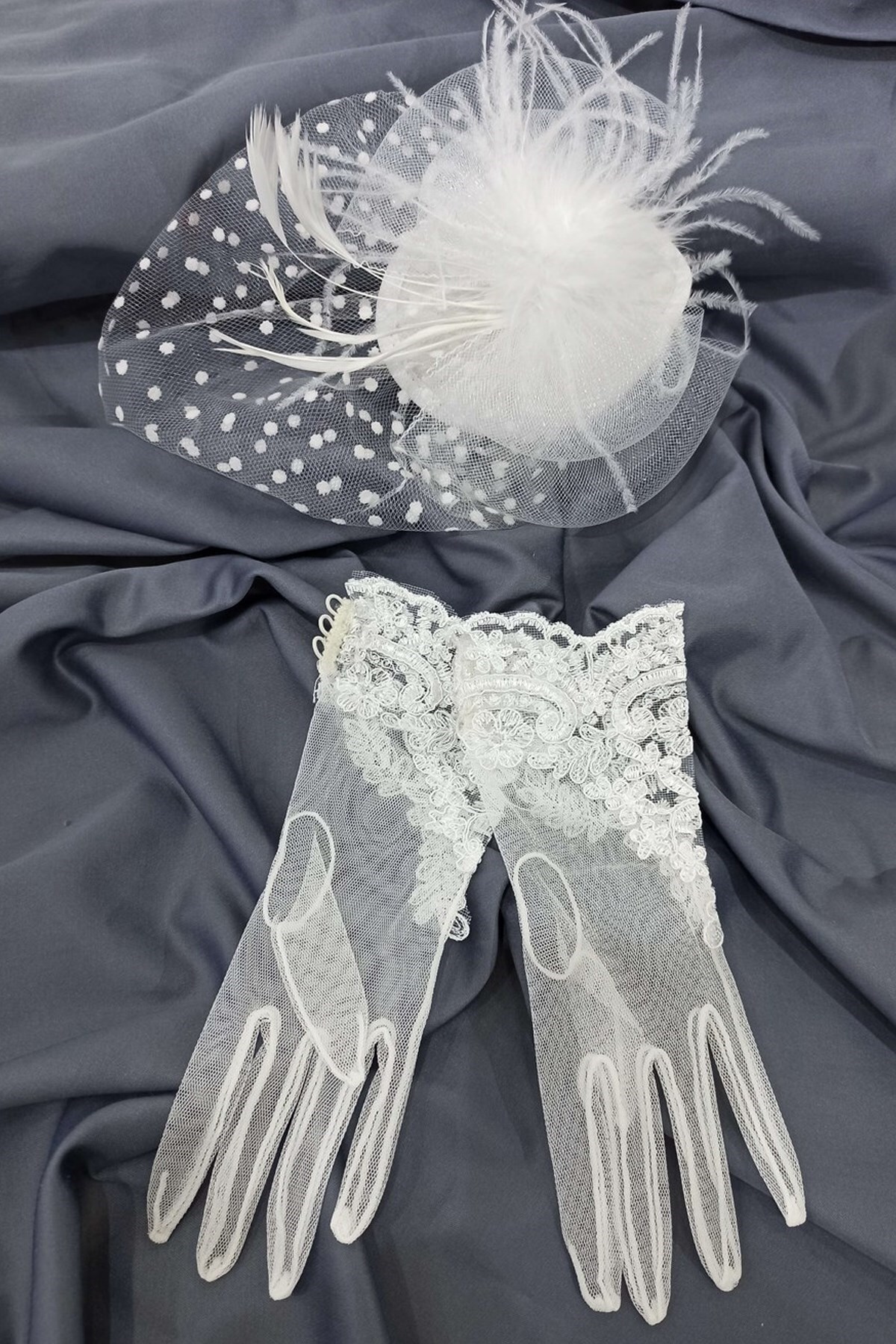 Limelia Beyaz Dantelli Tül Eldiven-puantiyeli Vualet Nikah Şapkası
