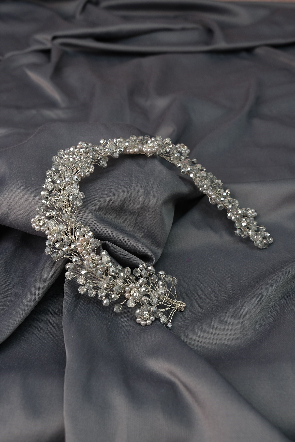 Grey Duru Beaded Bridal Crown Hair and Turban Accessory