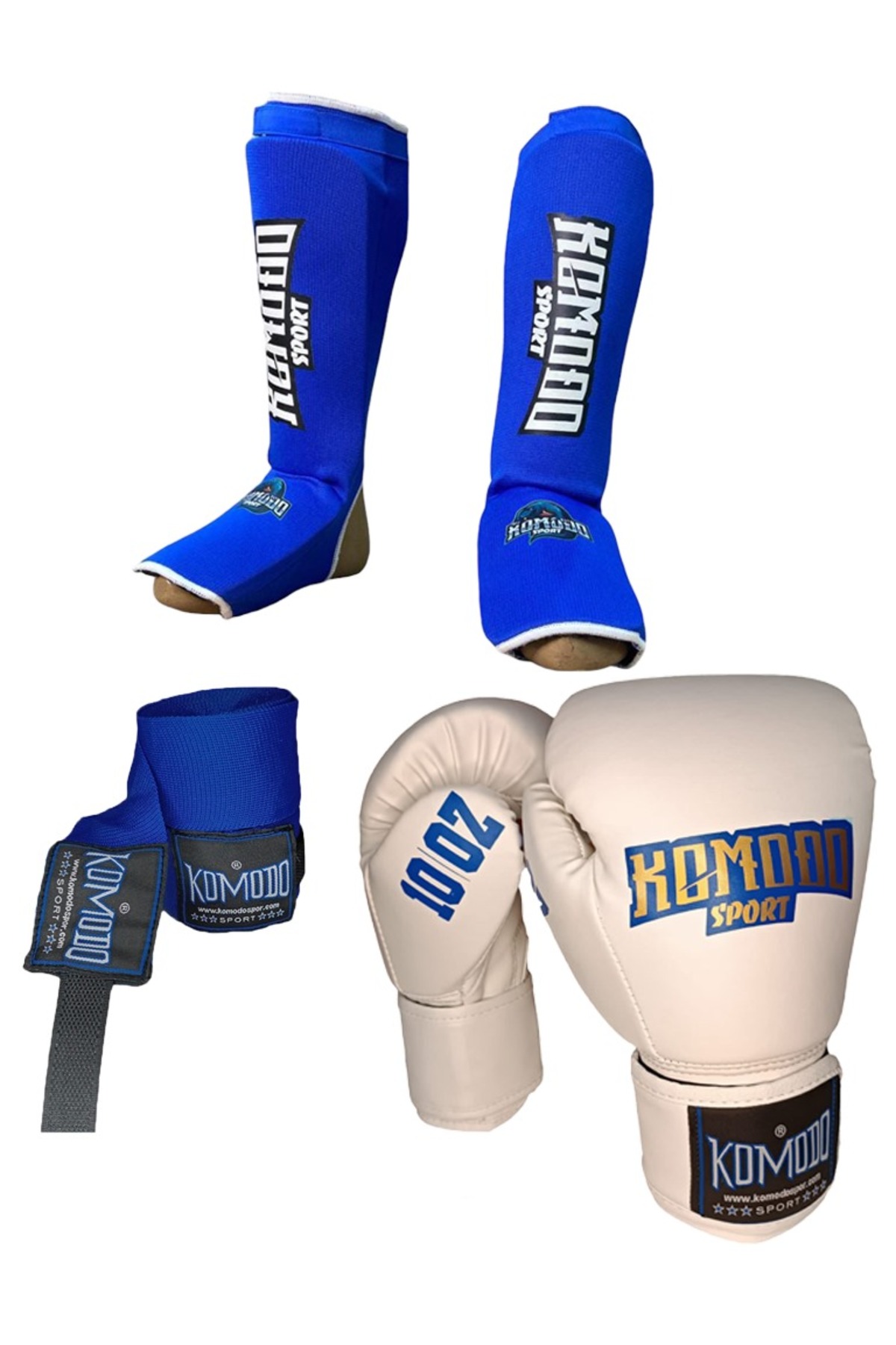 KOMODO SPORT Boks Eldiveni 8 OZ/Bandaj 3,5 Metre /Elastik Kick Boks Kaval ve Ayaküstü Koruyucu Set