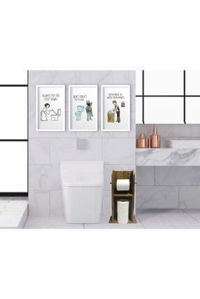 Home Doğal Masif Ahşap Tuvalet Kağıtlığı Ve Dekoratif 3’lü Ahşap Beyaz Çerçeveli Tablo-9 Bitmeyen80962