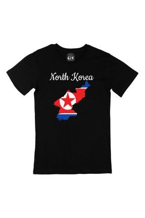 Kuzey Kore Haritalı ve Bayraklı Siyah Tişört T201108