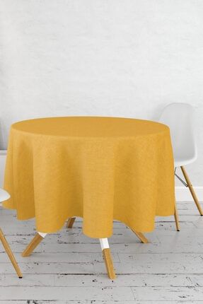 Yuvarlak Sarı Renk Desensiz Astarlı Pvc Muşamba Mutfak Masa Örtüsü Silinebilir Leke Tutmaz sdyo