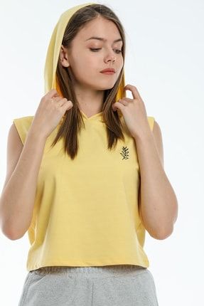 Kadın Sarı Kolsuz Kapüşonlu Baskılı Sweatshirt TGR-46