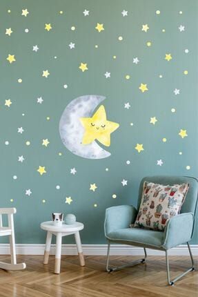 Sevimli Yıldız Aydede Puantiye Çocuk Odası Duvar Sticker Seti STCKREKSP098