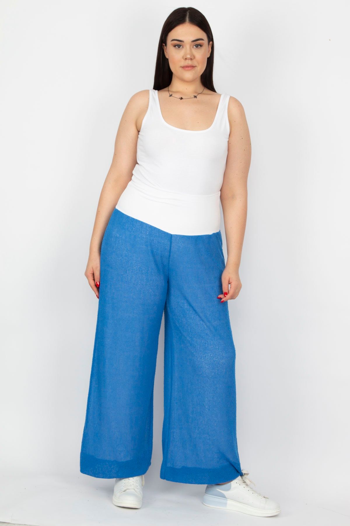 Şans Women's Large Size Blue Corsage Belt Detailed Lined Knitted Fabric  Trousers 65n25723 - Trendyol