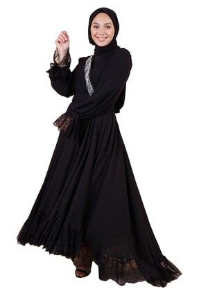 Kadın Siyah Dantel Detaylı Çapraz Taş Elbise P-0000005225-SİYAH