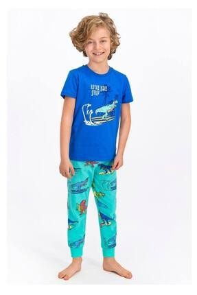 Erkek Çocuk Kobalt Mavi Live The Surf Dinozor Desenli Kısa Kol Pijama Takım RP2347-C