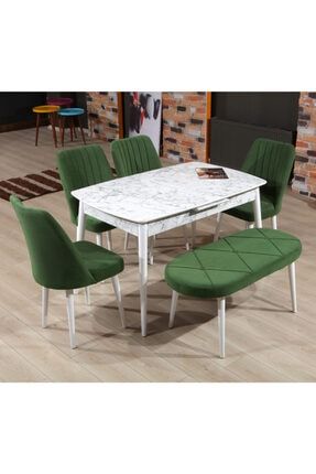 Panama Carrara Açılabilir Mdf Mutfak Masası Ve Polo Sandalye Takımı - Benchli - Yeşil mdfmasatakımları