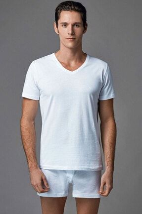 Erkek Kısa Kol Atlet Tişört V Yaka 2 Adet Set Beyaz Renk SERS-039
