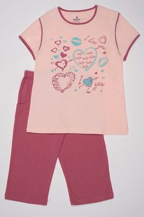 Kız Çocuk Kalp Baskılı Kaprili Pijama Takımı 9283 Somon