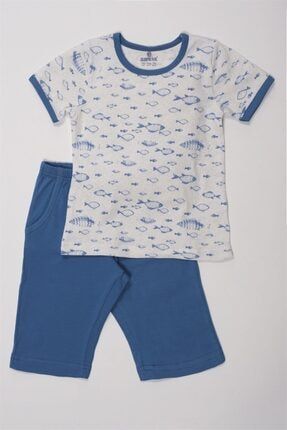 Erkek Çocuk Desenli Kaprili Pijama Takımı 9739 Mavi