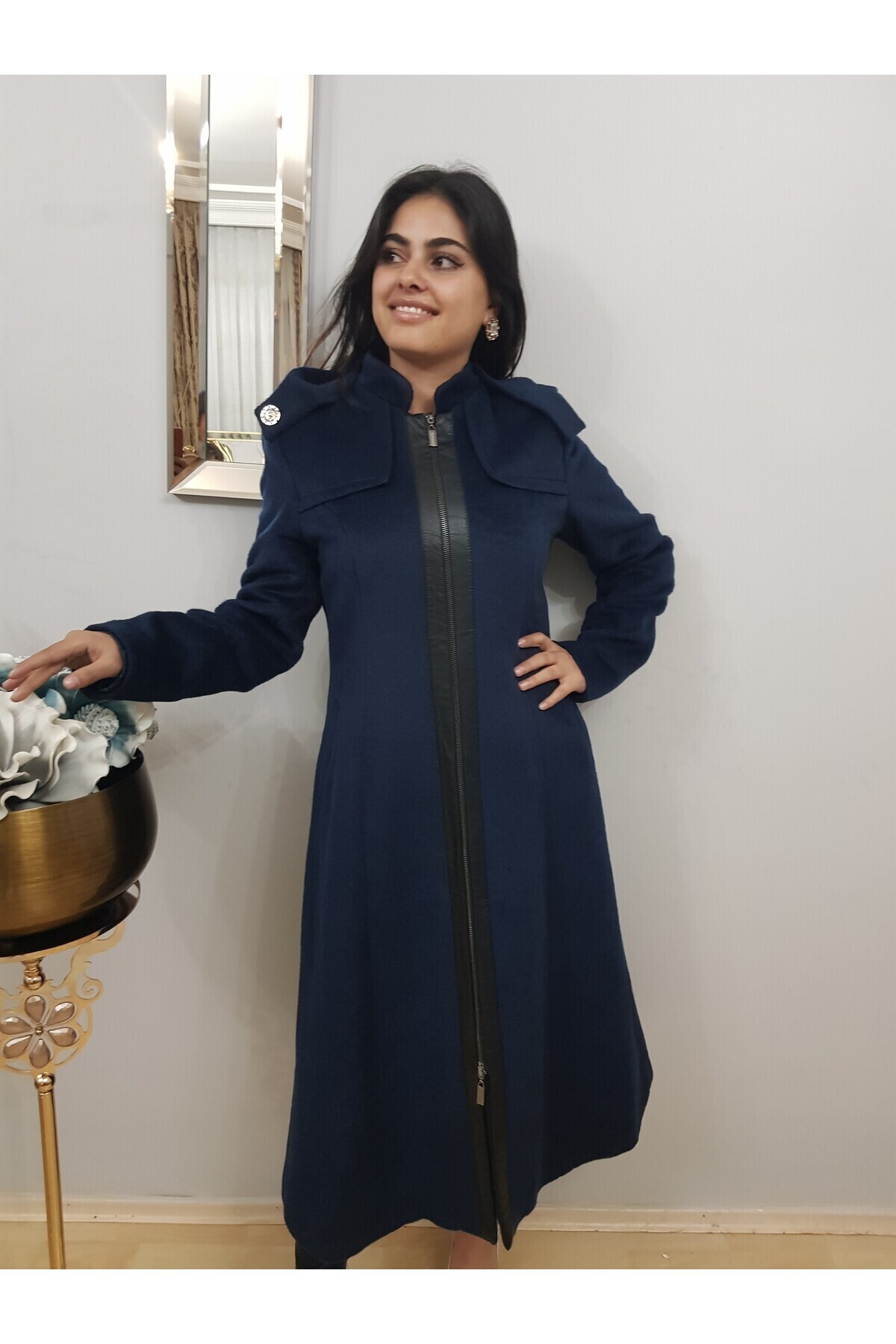 FERGAN  Kadın Lacivert Midi Boy Kapüşonlu Kaşe Palto Kaban - Görsel 2