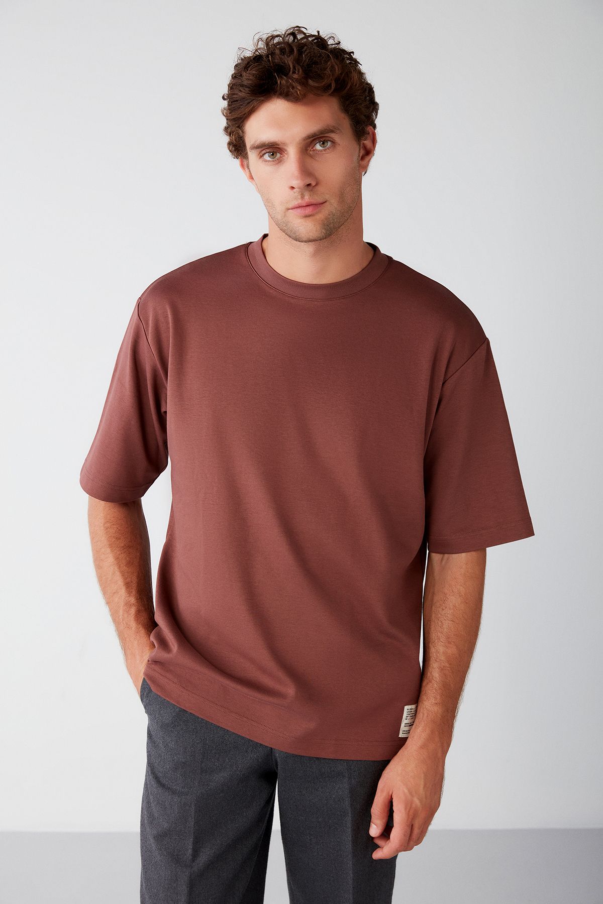 GRIMELANGE Joel Men s Oversize Fit Special Textured Thick Fabric Claret Red T shirt with Large Ornamental Label