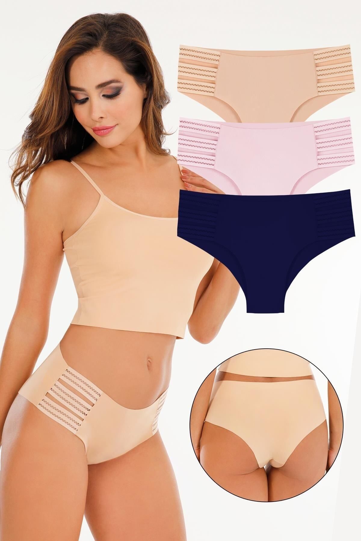 Sensu Women's Laser Cut Seamless Bato Panties 3 Pack Set - Kts3104