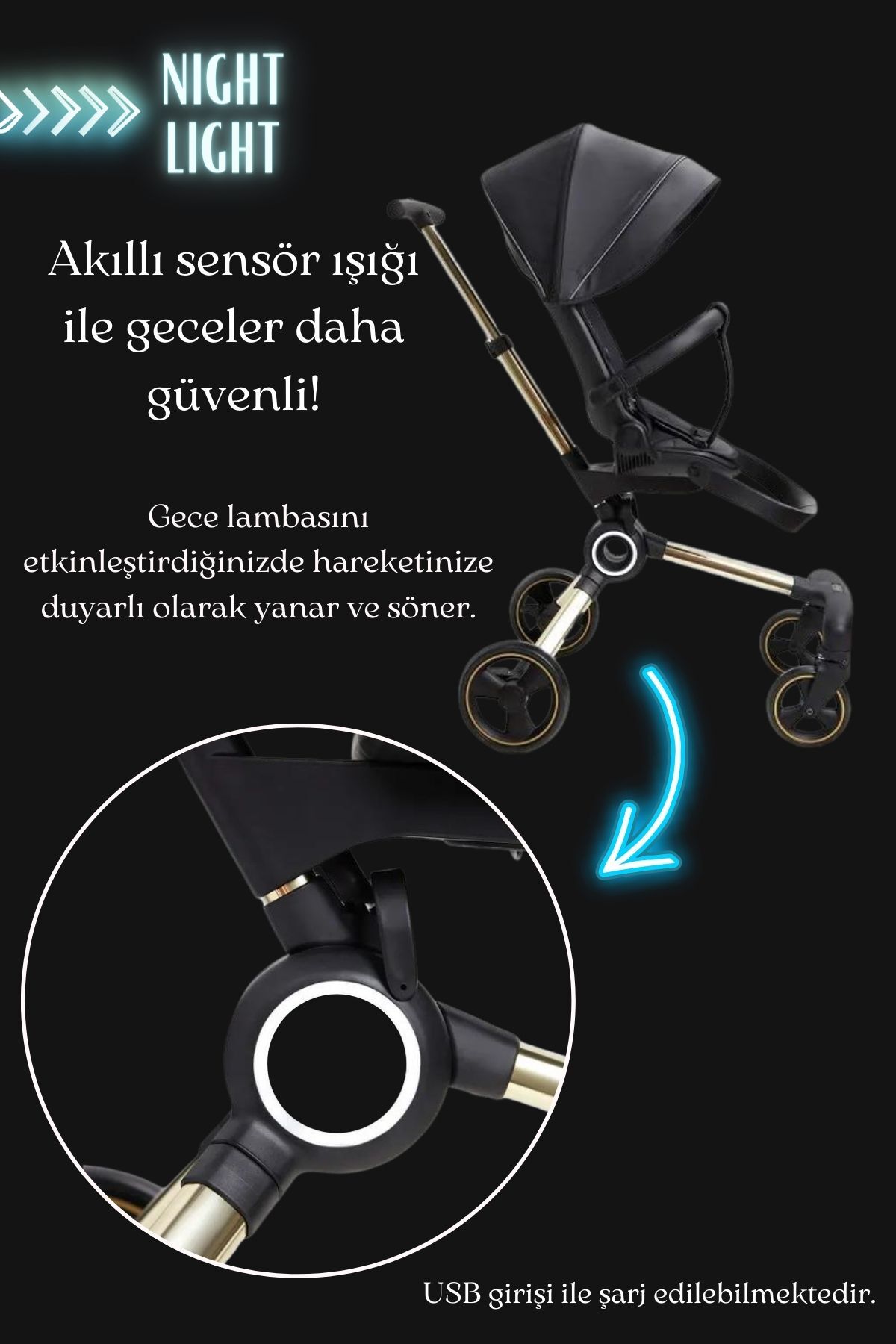 QPLAY RITTER 360 DERECE DÖNEBİLEN LIGHT NIGHT / HAREKET SENSÖRLÜ BEBEK ARABASI fotoğrafı 7 (önizleme)