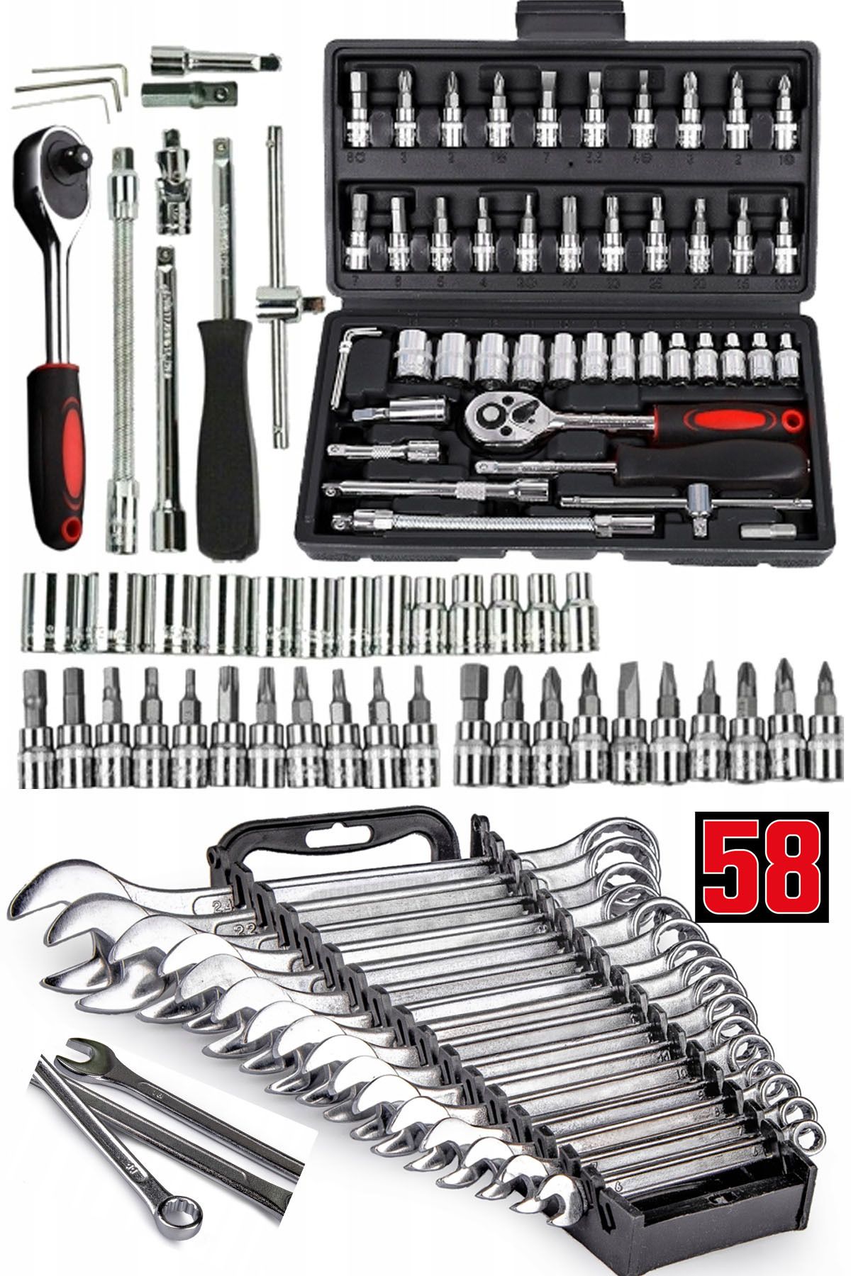 STAXX POWER-Germany 46+12 Piece Socket Set Automatic Ratchet 1/4" Combined Open Mouth-Star Wrench Set Set 1