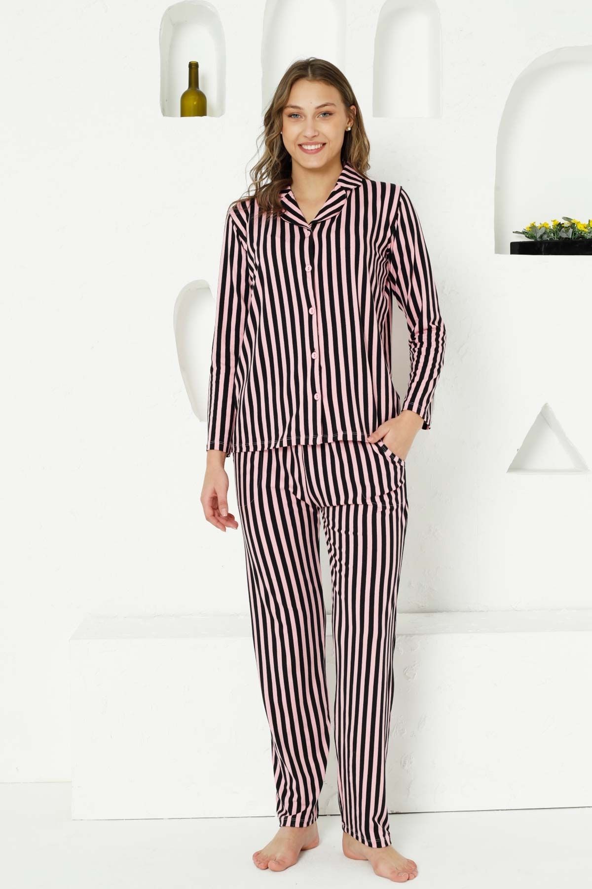 Farya Home-Dreamy Secret Full Lycra Cotton Striped Long Sleeve Shirt Pajama Set 3