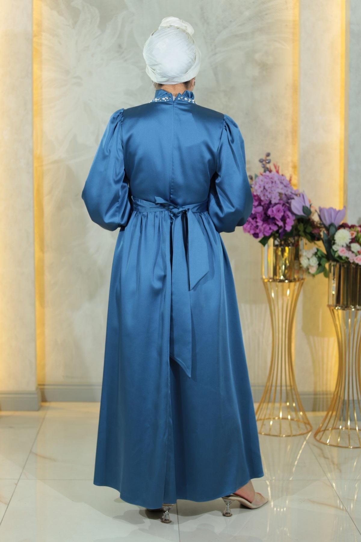Modamihram-Pearl Satin Evening Dress Indigo 19121 4