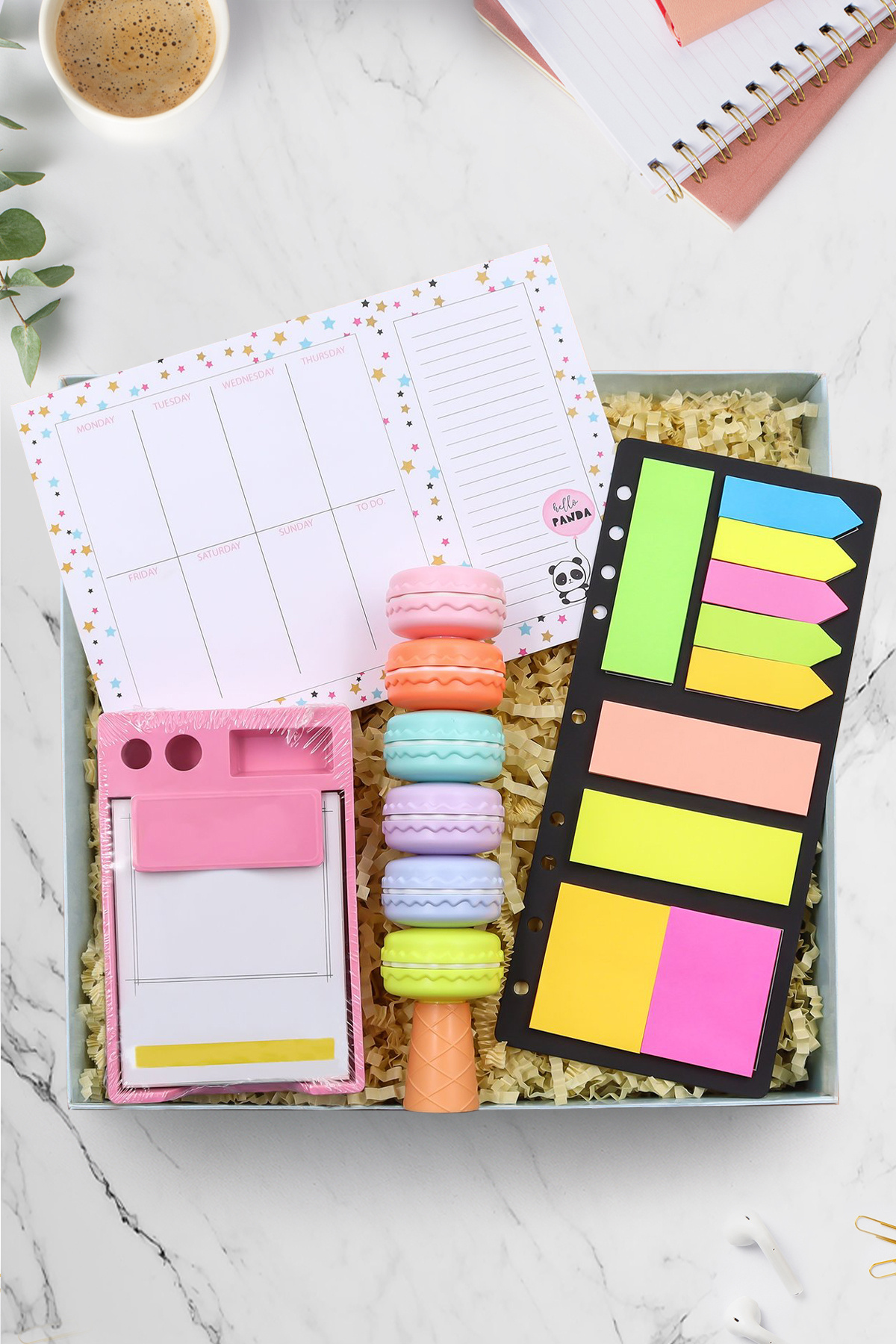 Trendmiya Haftalık Planner & Yapışkan Notluk & Makaron Fosforlu Kalem & Bloknot Hediye Seti