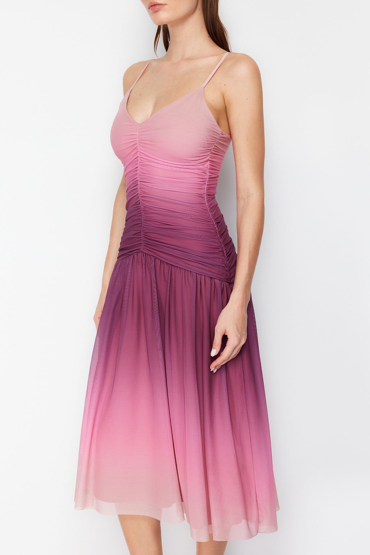 Trendyol Collection-Kolorowa tiulowa sukienka z dzianiny w kształcie litery A - TPRSS24EL00055 4