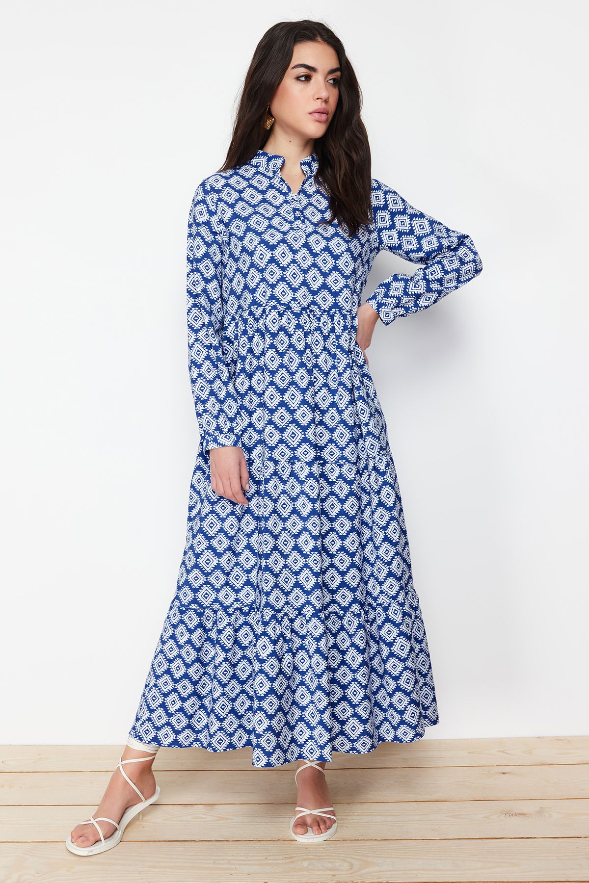 Trendyol Modest Saks Spódnica Z Paskiem, Falbankami, Tkana Sukienka Z Podszewką I Wzorem Kwiatowym Kobieta - 38