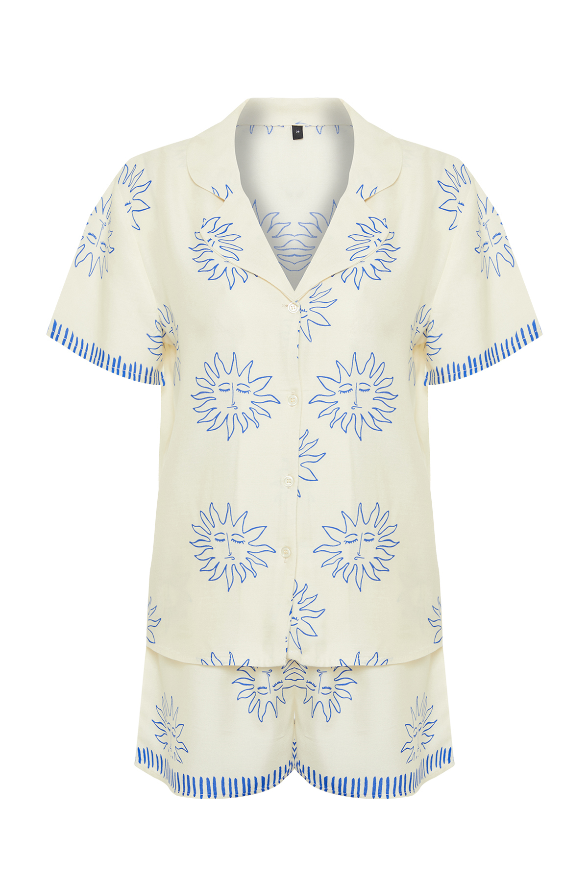 Trendyolmilla  Ekru-Lacivert Güneş Desenli Viskon Şortlu Dokuma Pijama Takımı THMSS24PT00009 - Görsel 7