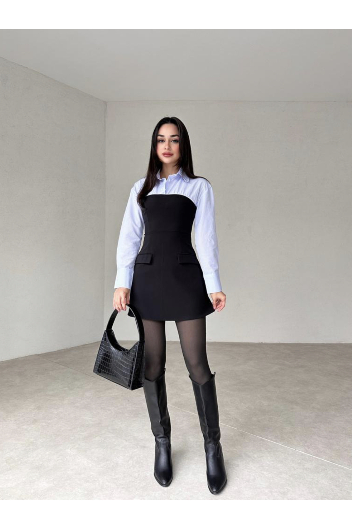 Mini Butik Afiş Butik Siyah Straplez Mavi Çizgili Gömlekli Mini Elbise Fiyatı ...