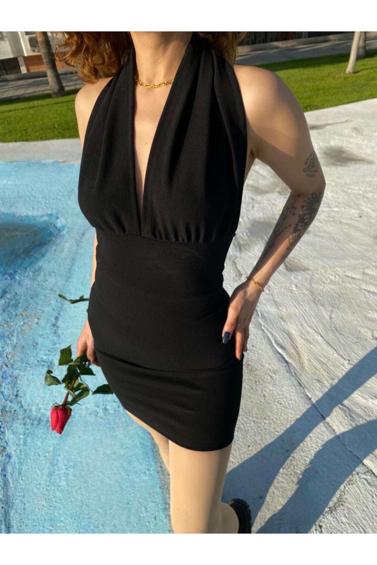 Low cut short black dress hot sale