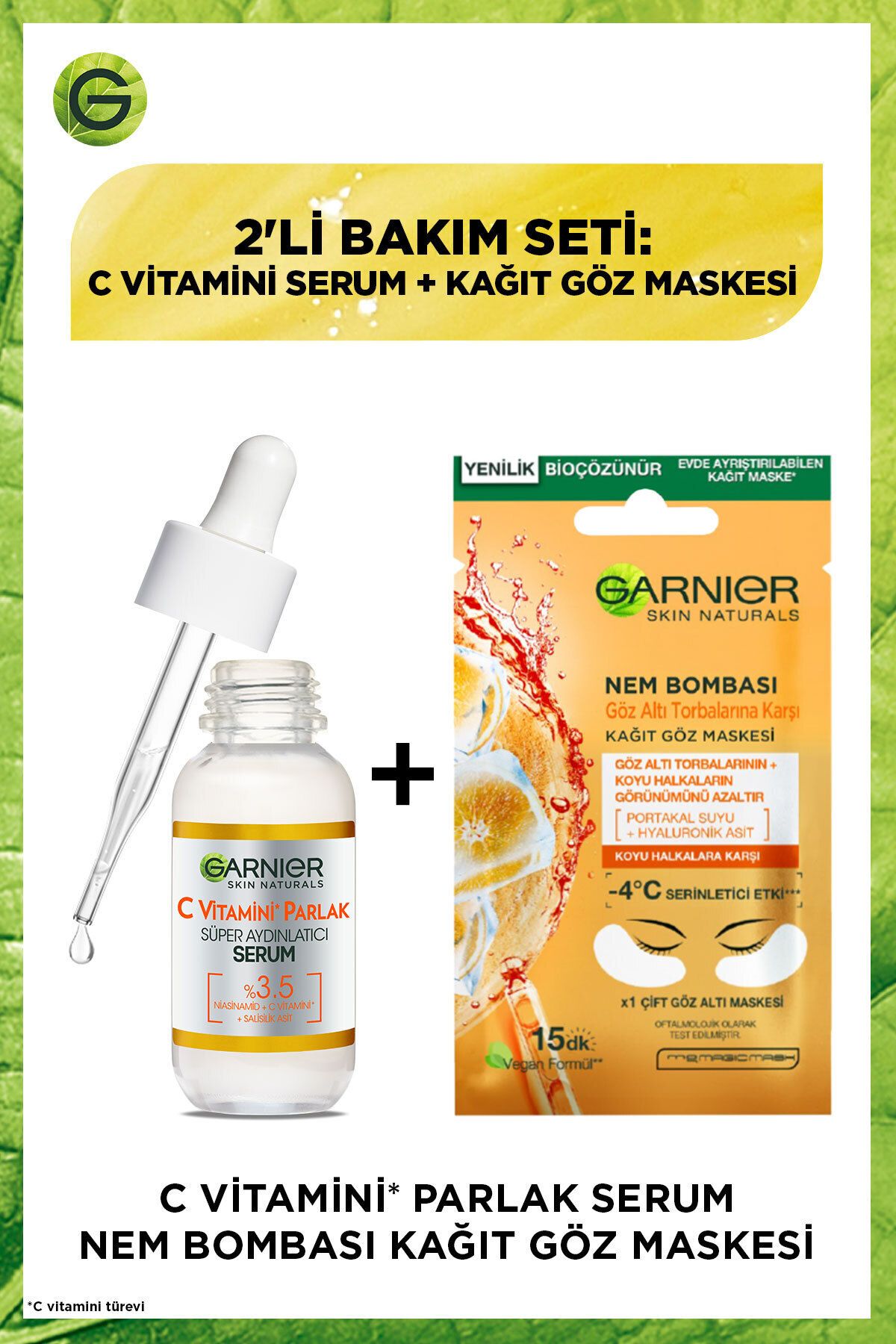 Garnier سرم روشن‌کننده فوق العاده ویتامین C 30 میلی‌لیتر همراه با ماسک چشم کاغذی برای کاهش تحت چشمی