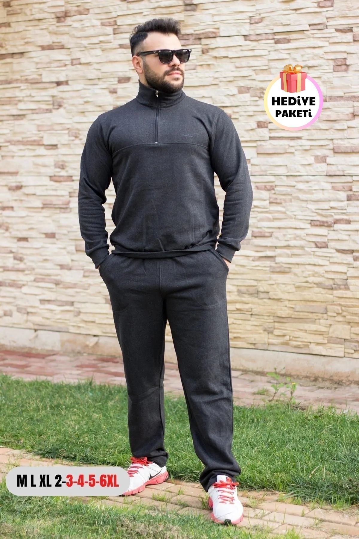 anthracite battal large regular size half zip mens tracksuit set 21eestyakt