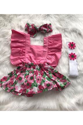 ŞAPKAKİDS Kız Bebek Ayçiçeği Pembe Salopet Bandana Çorap Set
