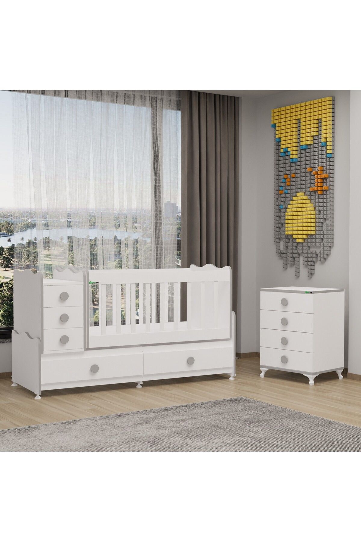 Garaj Home Melina Uzayan MDF Çıtalı Beşik ve Şifonyer - Gri