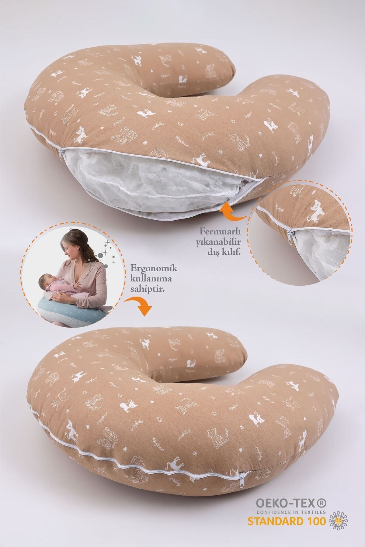 Umaybebek Çift Taraflı Emzirme Yastığı Bebek Destek Minderi Pamuk Kumaş - Kahve Kedi fotoğrafı 2 (önizleme)