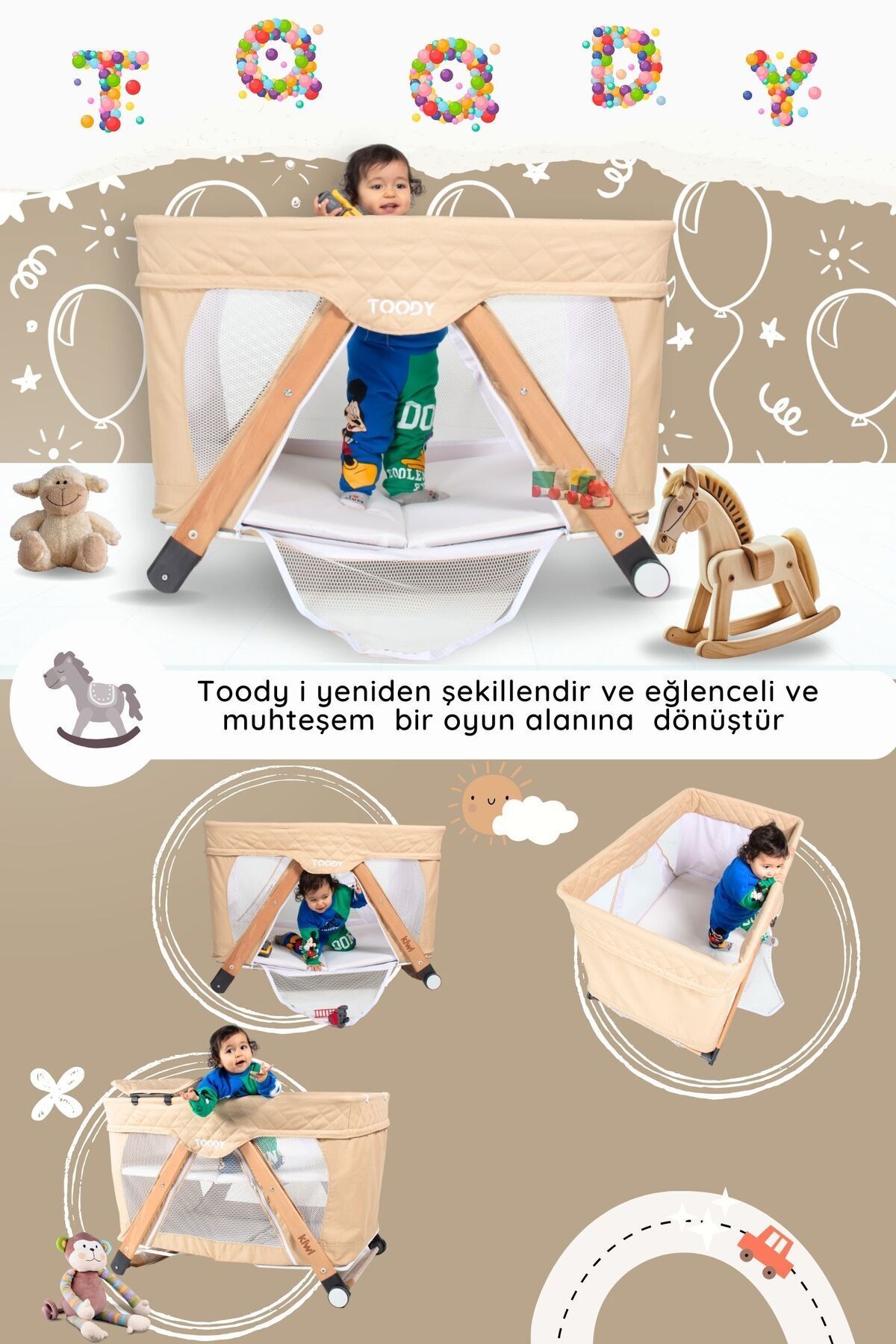 Kiwi Toody All in One Katlanır Tekerlekli Sallanır Sabitlenir Anne Yanı Park Yatak Beşik - Latte fotoğrafı 4 (önizleme)