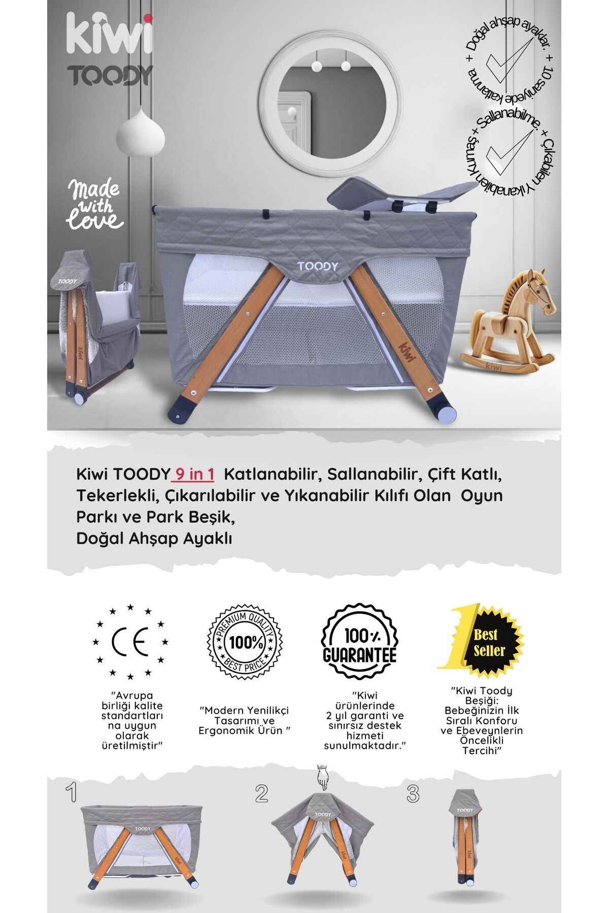 Kiwi Toody All in One Katlanır Tekerlekli Sallanır Sabitlenir Anne Yanı Park Yatak Beşik - Latte fotoğrafı 3 (önizleme)