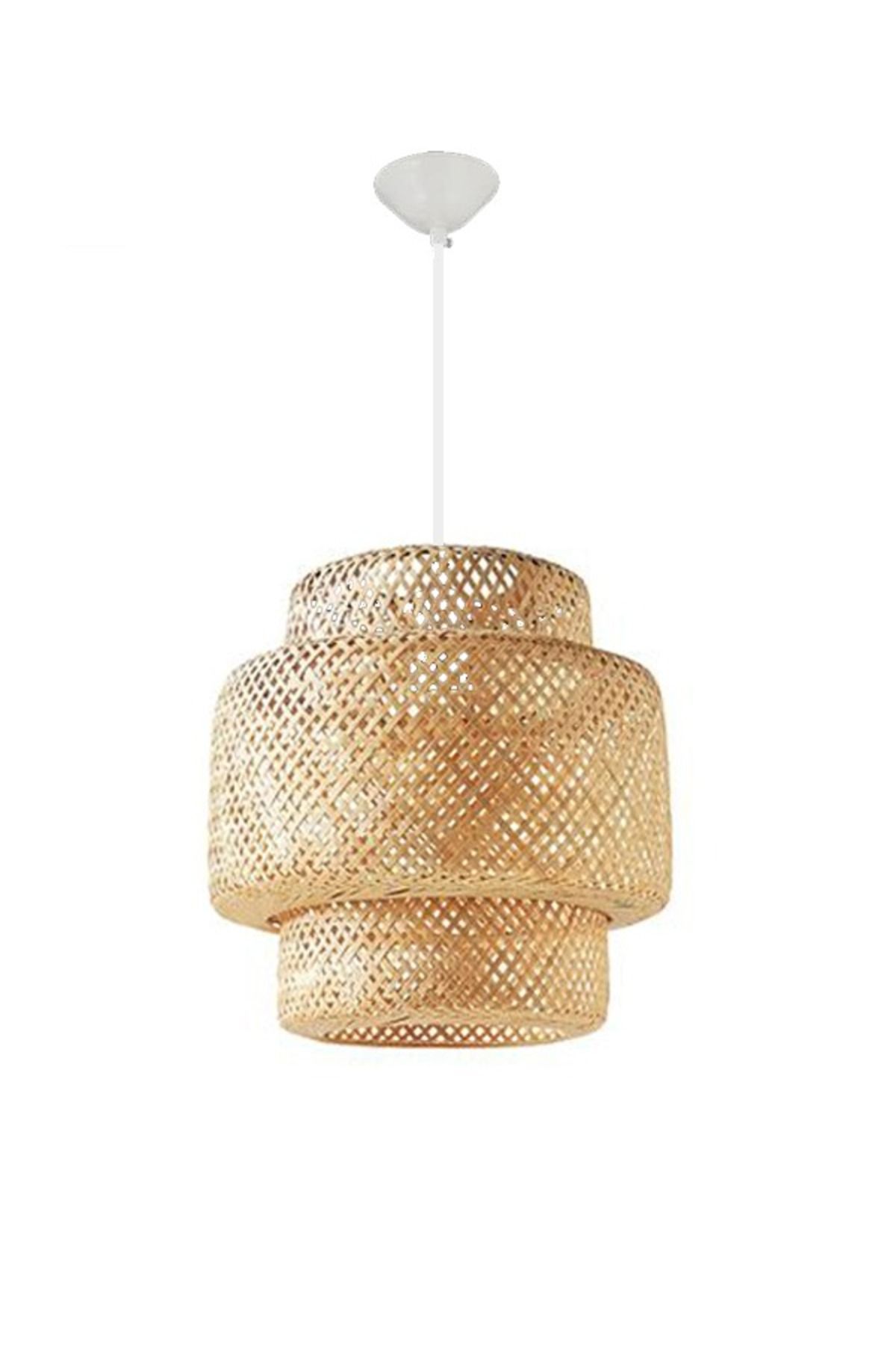 Rattan 40 cm Beyaz Tesisatlı Avize Bambu,İskandinav,Bohem,Modern Aydınlatma