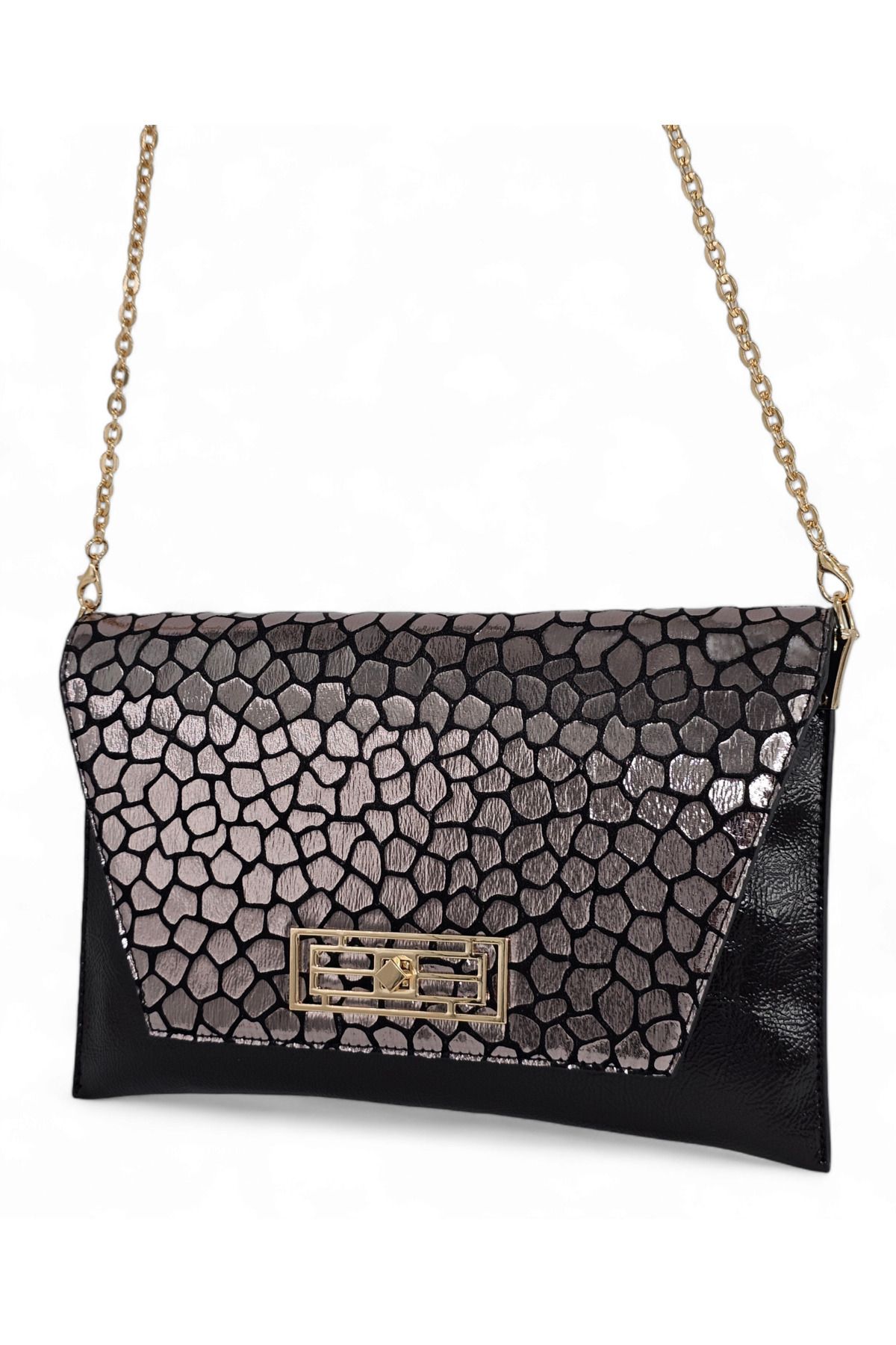 Silver patent clutch bag top