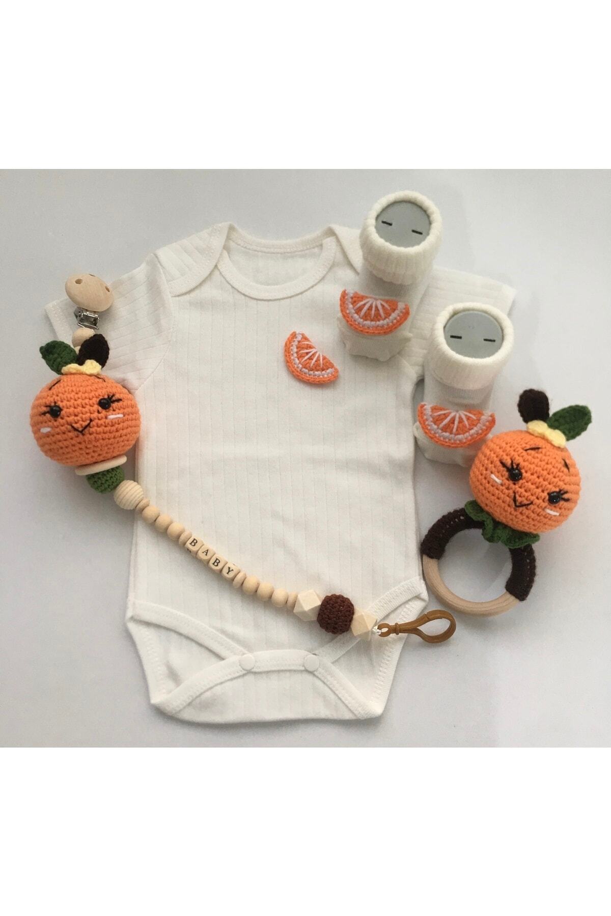 Style Baby Amazing Hoşgeldin Bebek, Unisex, Yenidoğan Bebek, Portakal Amigurumi Isimli Emzik Askısı Hediye Seti fotoğrafı 2 (önizleme)