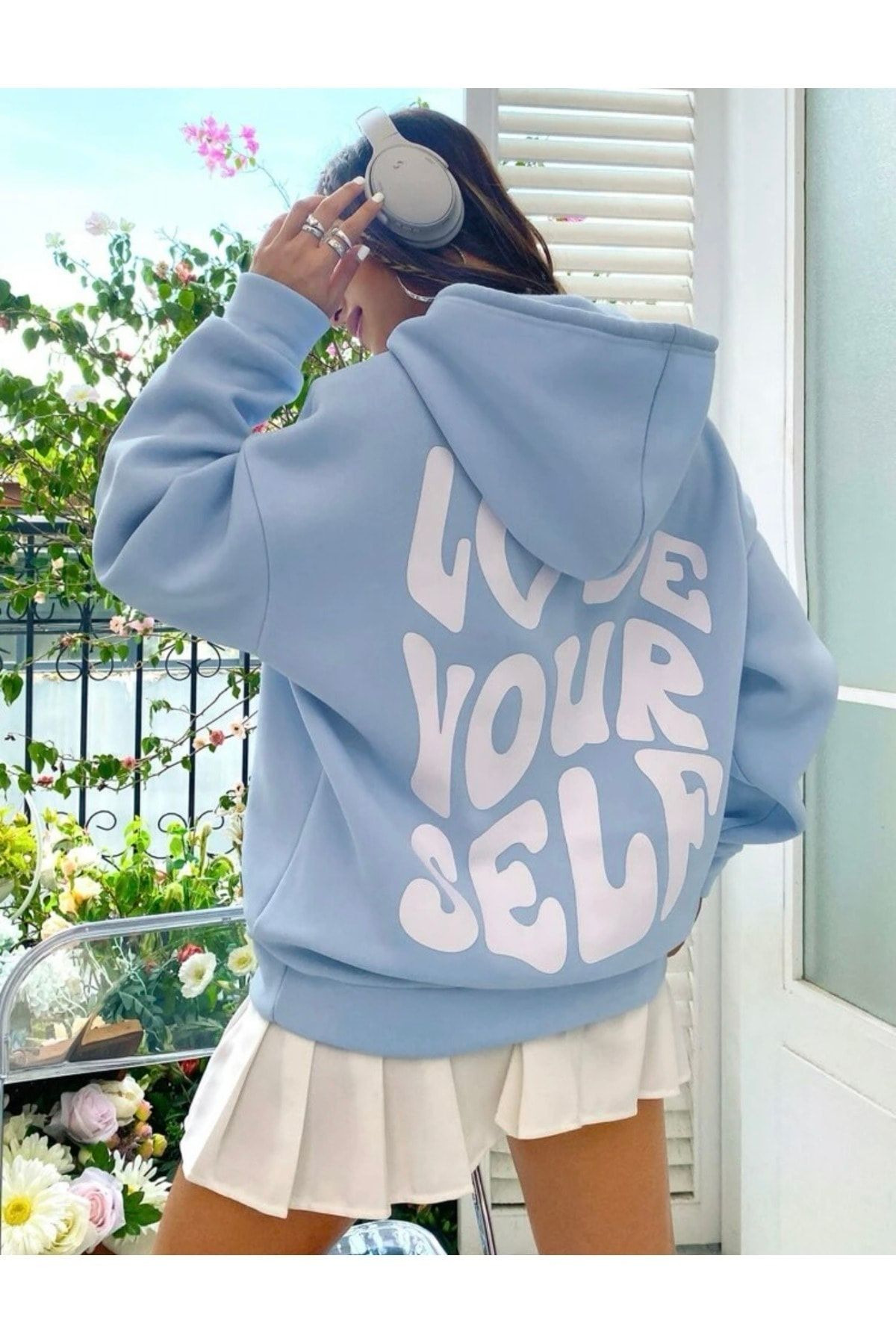 Love Your Self 3 İplik Kalın Kışlık Sweatshirt- Bebe Mavisi Baskılı Oversize Kapüşonlu Hoodie — بژ LVYSF3IP-BN — تصویر 2 از 4