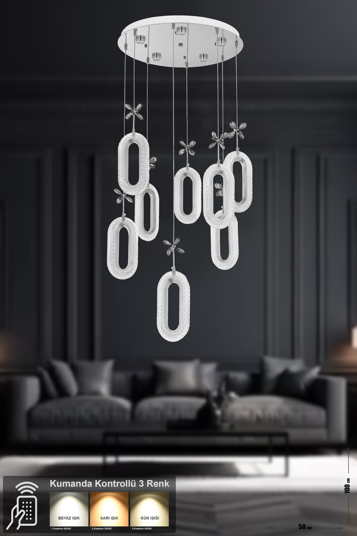 Sessi 8-Piece Power Led Operated Modern Luxury Pendant Chandelier, 3 Colors: Yellow-White-Daylight-Chrome
