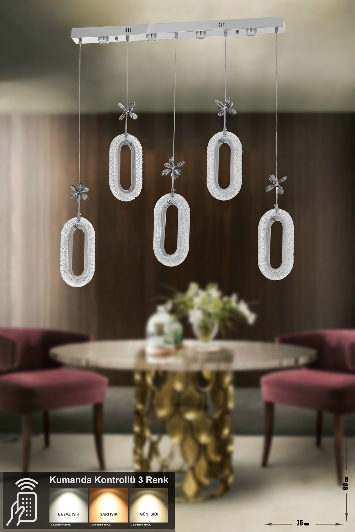 Sessi 5-Piece Modern Dining Table Top Chandelier with Power Led, 3 Colors: Yellow-white-daylight- Chrome