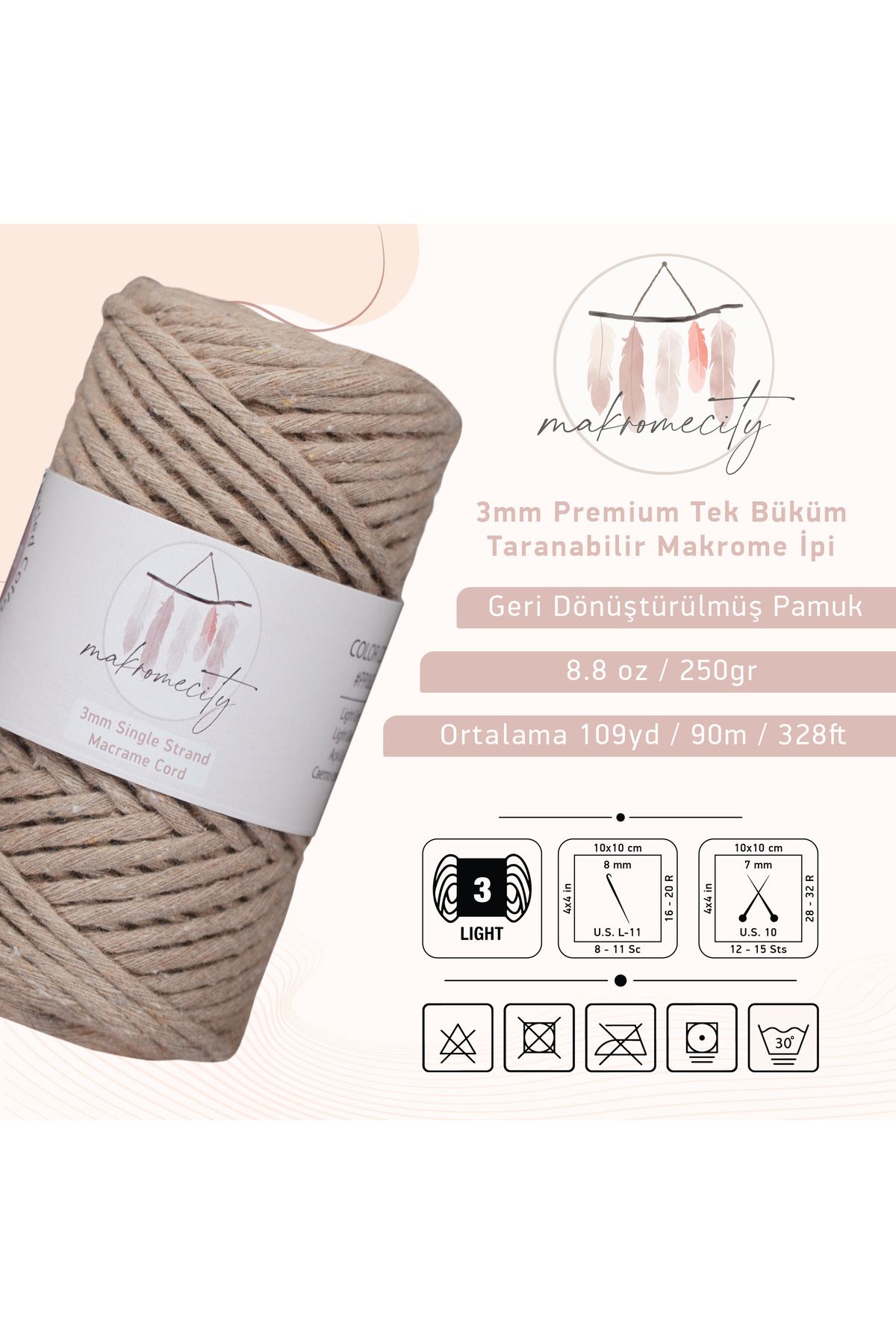 Makromecity-Scalloped Macrame Thread 3mm Scalloped Cotton Macrame Thread Macrame Thread Dark Beige 2